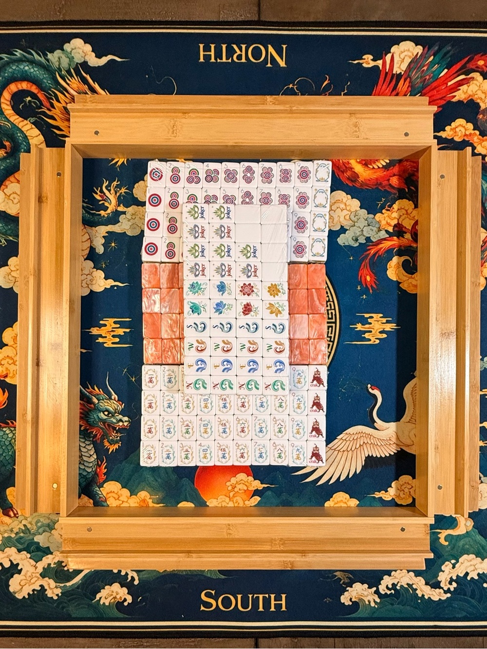 American Mahjong Set with Terracotta Marble Tiles, Dragon mat, Bamboo racks
